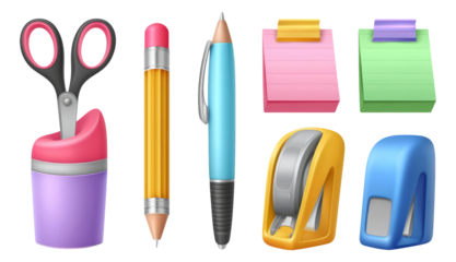 Colorful Stationery Items Including Scissors, Pen, Pencil, and Sticky Notes