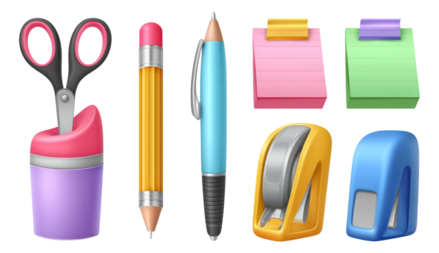Colorful Stationery Items Including Scissors, Pen, Pencil, and Sticky Notes