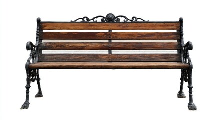 Outdoor wooden park bench with ornate cast iron details