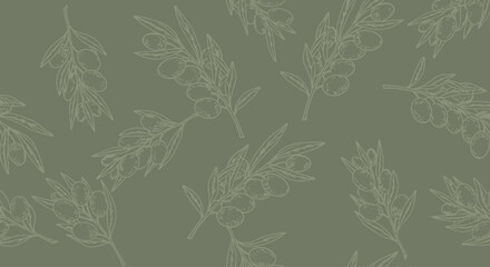 Obraz premium Seamless Olive Branch Pattern Vector - Sage Green Rustic Bohemian Background