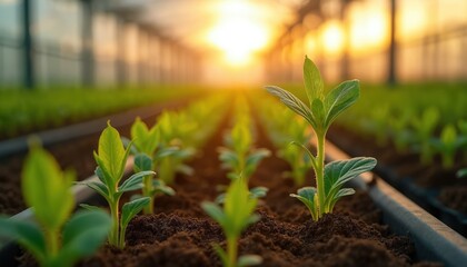 Rows of green seedlings grow in a greenhouse at sunrise. Young plants in dark soil receive sunlight through glass structure. Early stage agriculture cultivation.