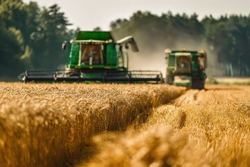 Agricultural Machinery Harvesting Golden Wheat Field During Daytime with Forest Background