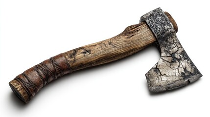 Worn axe with rough wood handle & weathered blade laying on white