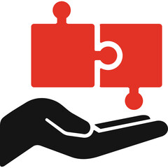 Red Puzzle Pieces Hovering Above Open Black Hand Against Transparent Background Symbolizing Solution Support Strategy and Connection