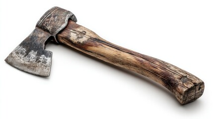 Rustic axe with aged head and weathered wooden handle rests at angle on a clean white surface