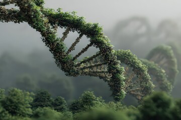 Artistic Rendering of a DNA Helix Structure Constructed from Foliage in a Forested Environment with Atmospheric Haze