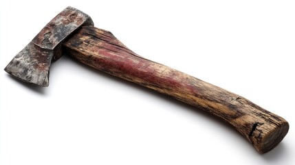 Weathered axe with a rusted head and worn, wooden handle rests on a white background