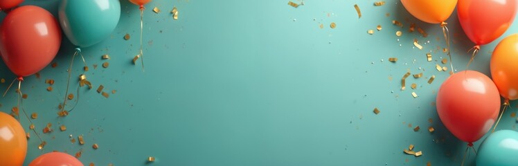 Vibrant teal orange red balloons float with shiny gold confetti pieces. Bright happy party background for celebration, event, anniversary, birthday business success. Joyful atmosphere for team