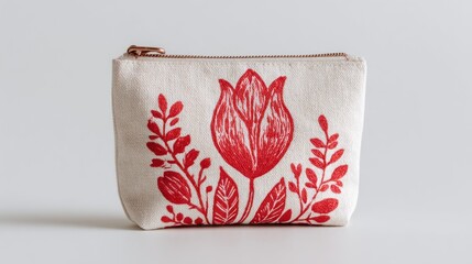 Canvas pouch adorned with red tulip and leaf drawing against a plain, light background