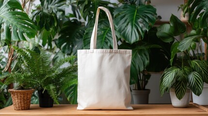 A blank, off-white tote bag rests on a wooden surface, flanked by lush potted greenery, including ferns and large-leafed plants, creating a natural, eco-friendly backdrop
