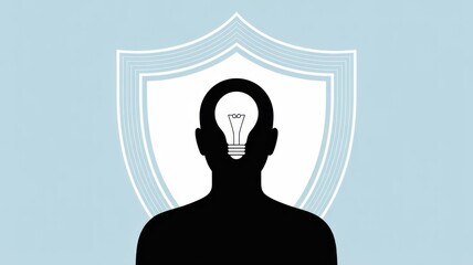Technology of degital privacy for startup. Silhouette with a lightbulb inside a shield shape.