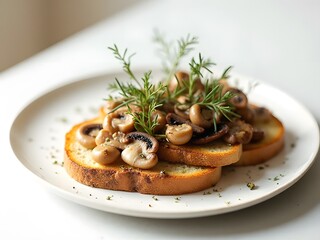 Wild Foraged Mushroom Toast with Herbs: Clean minimalist composition of toasted sourdough topped with wild mushrooms and fresh herbs on a matte white plate.