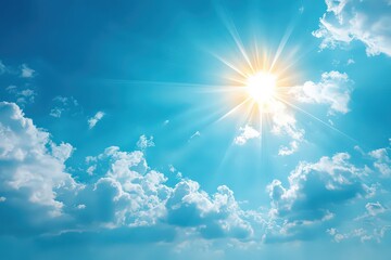 Bright Sunlight Bursting Through Cumulus Clouds in Azure Sky