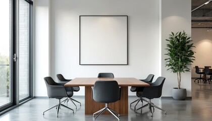 Fototapeta premium Modern conference room features large wooden table with grey chairs on concrete floor. Blank white frame mockup hangs on wall. Tall green plant adds natural, eco-friendly touch. Bright window light