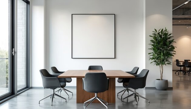 Modern conference room features large wooden table with grey chairs on concrete floor. Blank white frame mockup hangs on wall. Tall green plant adds natural, eco-friendly touch. Bright window light