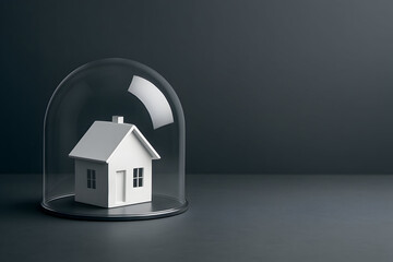 Minimal house model under glass dome for home insurance protection