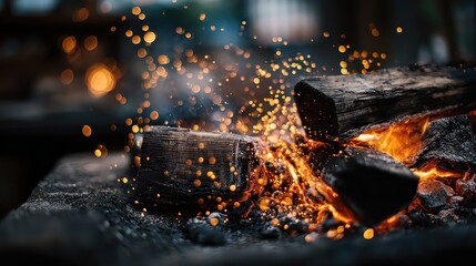 Close Up View of Burning Embers with Bright Orange Sparks Against Dark Backdrop