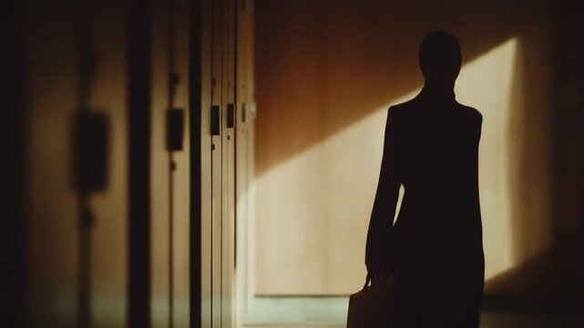 Elegant person walking through corridor with warm sunlight and shadows