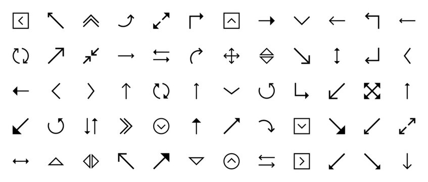 Arrow icon set. Minimal vector line icons collection Includes left chevron, digonal arrow, up chevron, crve arrow, expand, right arow, exchange, undo, doubl arrow and more. Editable troke.