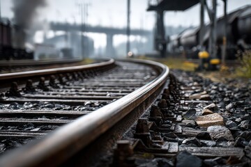 Curved Railroad Tracks in Industrial Area with Blurred Background and Overcast Sky Landscape Photography