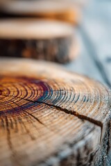 Close Up Of Wooden Slices Showing Annual Rings And Textures With Selective Focus And Blurry Background