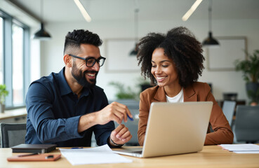 Man and woman colleagues smile looking at laptop screen. Professionals discuss work project, share ideas in office meeting. Diverse team collaborates on computer, planning business success.
