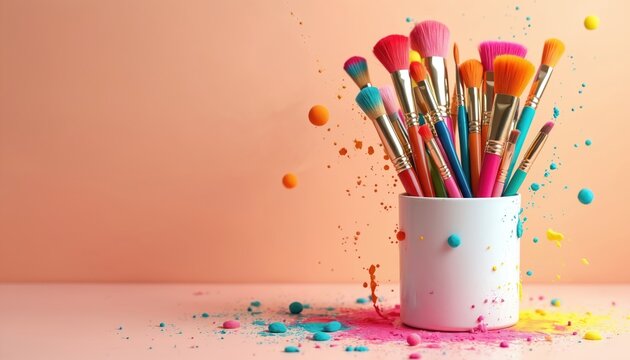 Various vivid paintbrushes stand in white container on peach backdrop. Color paint dots around brushes, container. Illustration artistic design tools for painting drawing, educational projects. Art