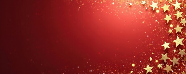 Golden stars, sparkles scatter across vibrant red background. Elegant abstract background with festive shimmer, light effects. Perfect for holiday, celebration, event designs, dynamic texture adds