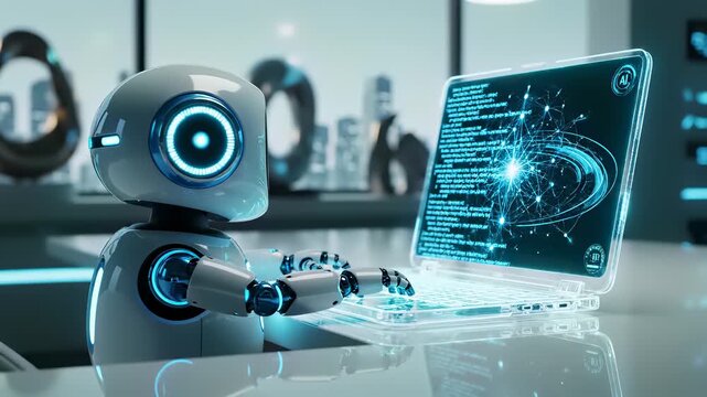 Futuristic robot sitting in front of laptop computer with mesmerizing blue digital landscape on screen, embodying the concept of working exg robots that adapt to constantly evolving world.
