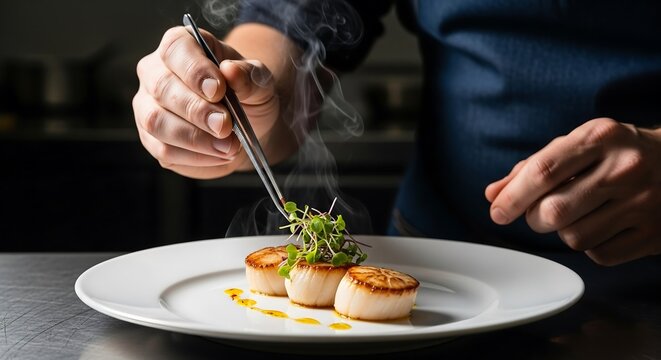 Gourmet seared scallop plating with professional chef tweezers, cinematic dark kitchen close-up for luxury culinary craft imagery