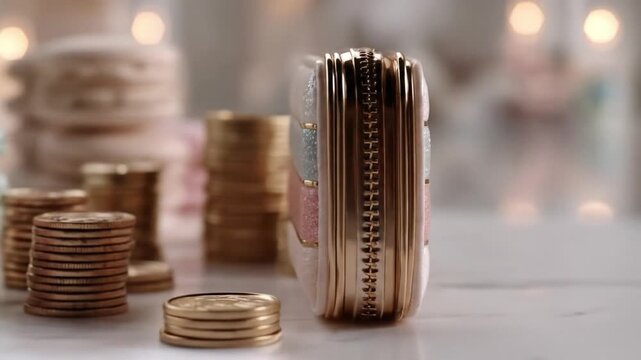 Elegant small bag with colorful stripes and golden zipper against blurred background