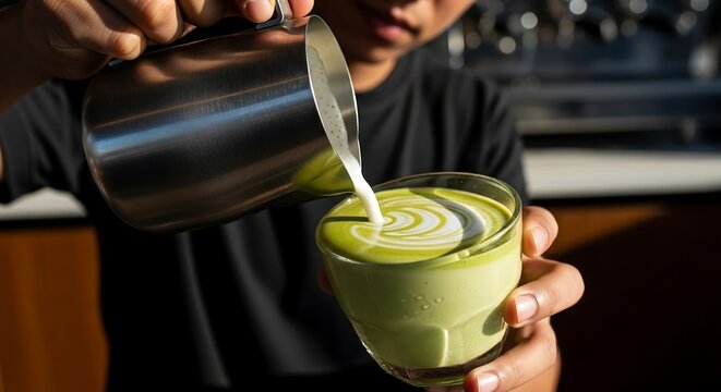 Pouring pistachio latte with stainless pitcher, modern café background, beverage photography for trendy coffee branding