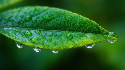 Close Up Shot Of Fresh Green Leaf With Water Droplets Against A Blurred Background