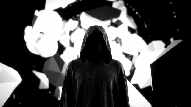 Mysterious Figure in Hooded Cloak Amidst Abstract Shapes.