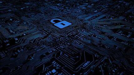 Cybersecurity concept of circuit board with a blue padlock at the center high angle view and digital data flowing in a dark environment