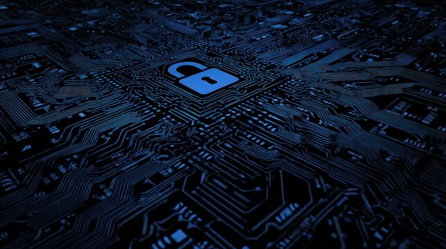 Cybersecurity concept of circuit board with a blue padlock at the center high angle view and digital data flowing in a dark environment