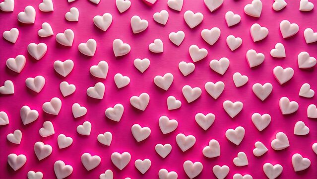 Numerous white heart shapes scattered on a vibrant pink background - Powered by Adobe