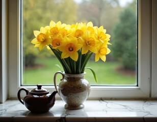 Daffodils bouquet in vase sits by window with teapot on marble. Spring floral arrangement brightens home interior. Yellow flowers capture freshness season. Table decor featuring narcissus blooms adds