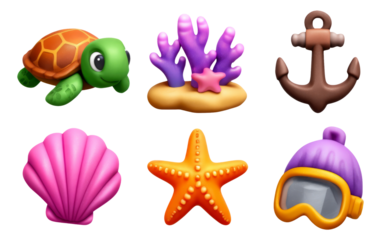 Colorful Sea-Themed Illustrations of Marine Life and Accessories on Transparent Background