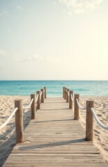 Obraz premium Wooden boardwalk path leads across soft sandy beach to clear turquoise sea. Bright sunny weather with vast blue sky above. Tranquil ocean view suggests perfect summer holiday, relaxation, travel,