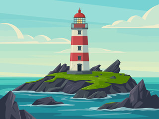 This striking lighthouse image perched on a rocky island by the sea represents safety, guidance, and hope, beautifully capturing the essence of maritime navigation.