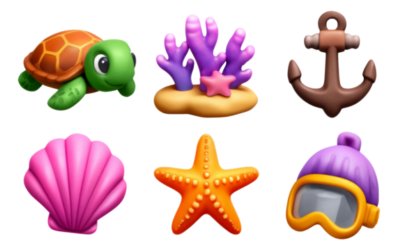 Colorful Sea-Themed Illustrations of Marine Life and Accessories on Transparent Background