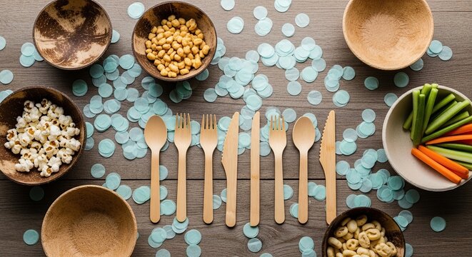 Overhead view of a rustic wooden table with various bowls filled with healthy ingredients and bamboo cutlery arranged in the center surrounded by decorative blue pebbles