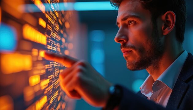Businessman interacts with futuristic digital touch screen analyzing big data. Male pro programmer works with virtual interface. specialist points at display managing financial information flow at