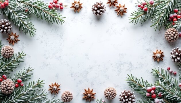 Christmas and New Year border with pine branches, pinecones, red berries, and star anise. Winter holiday scene, natural festive decoration arrangement on white background.