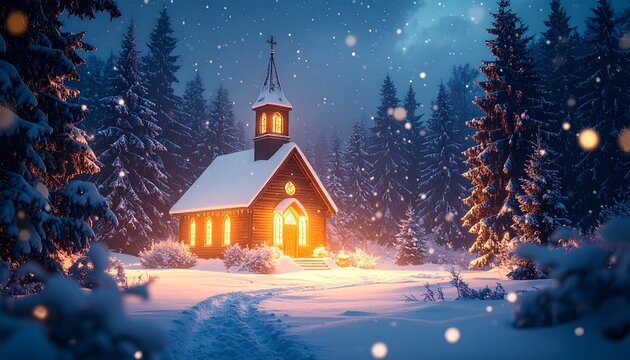 A tranquil country church illuminated at night, surrounded by snow-covered pine trees and falling snow