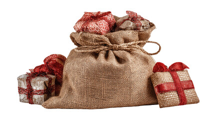 Burlap sack overflowing with wrapped, red-ribboned presents
