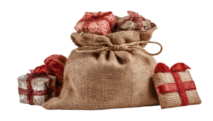 Burlap sack overflowing with wrapped, red-ribboned presents
