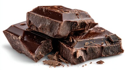 Delicious Dark Chocolate Pieces Stacked on White Surface with Shiny Texture and Crumbled Chocolate Shavings Isolated on White Background High Contrast