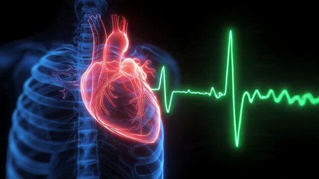 Healthy human heart beating with medical EKG trace loop 3D rendering